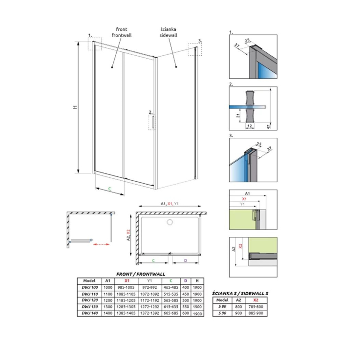 Set cabină de duș Radaway Alienta DWJ+S 120x80 cm, ușă culisantă + perete fix, cădiță Laros D Compact și sifon [6]