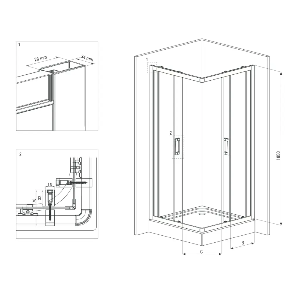 Set cabina dus neagra cu usa culisanta 90x90 cm plus cadita dus compozit Deante, Correo Square [2]