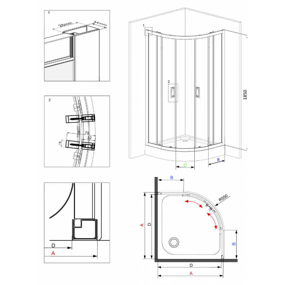 Set cabina dus semirotunda 90x90 cm cu baterie dus incastrata Arnika [3]