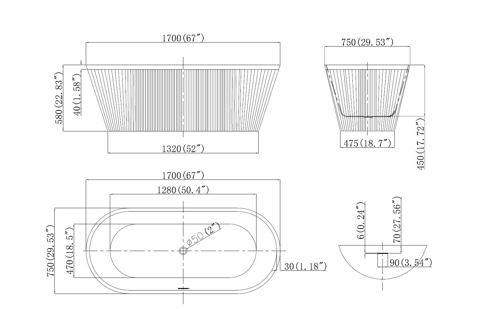 Set cada baie freestanding cu riflaje, ovala, 170x75 cm cu baterie cada freestanding crom [2]