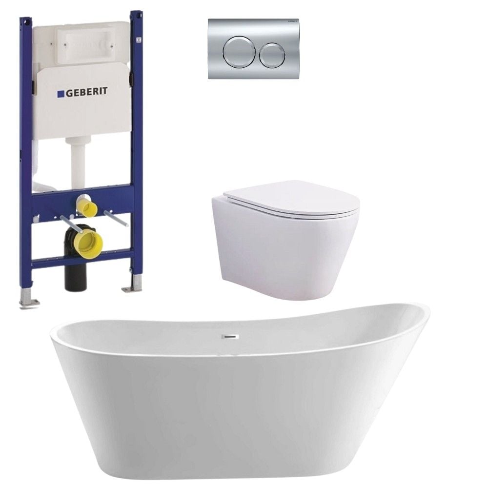 Set cada freestanding ovala, vas wc rimless cu capac soft close, rezervor incastrat si clapeta crom lucios