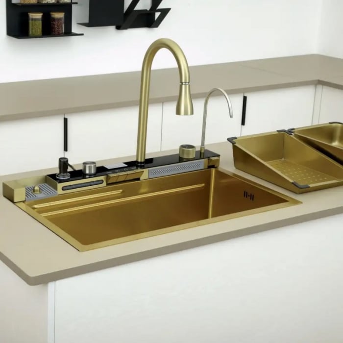 Set chiuveta bucatarie multifunctionala cu accesorii din inox 750x460, auriu periat, Top Ceramic [2]