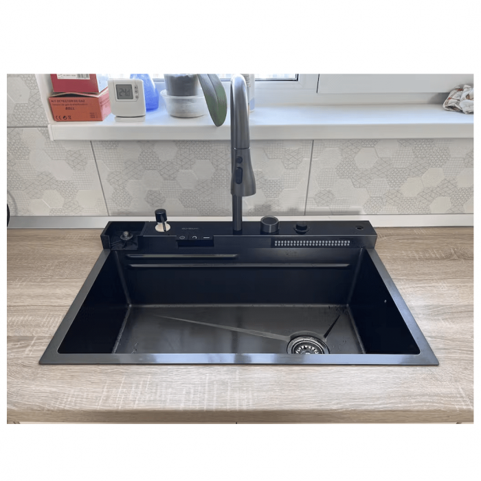 Set chiuveta neagra bucatarie multifunctionala cu baterie si dus extractibil, display digital si 3 functii de curgere [7]