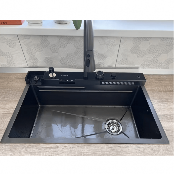 Set chiuveta neagra bucatarie multifunctionala cu baterie si dus extractibil, display digital si 3 functii de curgere [6]