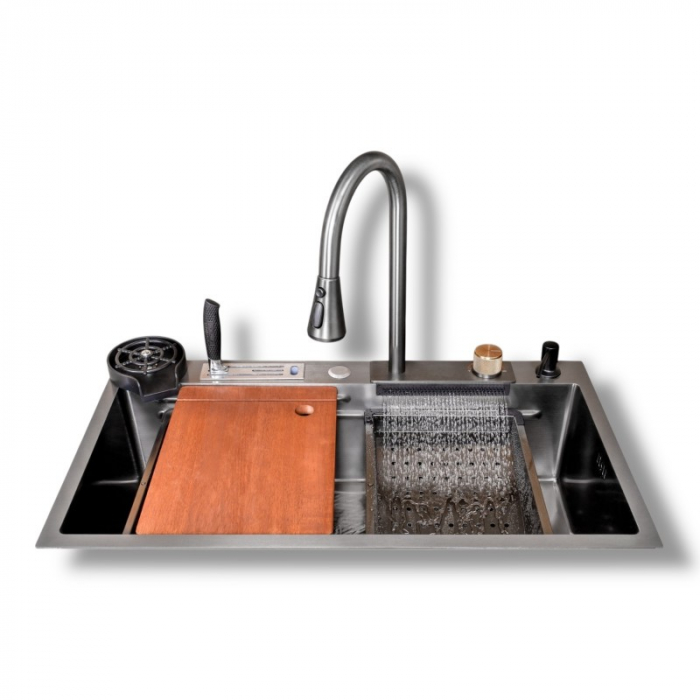Set chiuveta bucatarie multifunctionala, baterie cu dus extractibil și accesorii, 750x460, gri antracit, Top Ceramic [3]