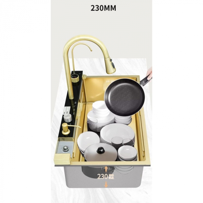 Set chiuveta bucatarie multifunctionala cu accesorii din inox 750x460, auriu periat, Top Ceramic [8]