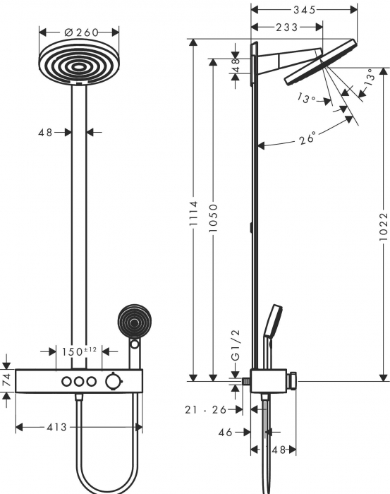 Coloana dus, baterie termostatata, palarie 26 cm, 3 jeturi, crom, Form Relax [9]