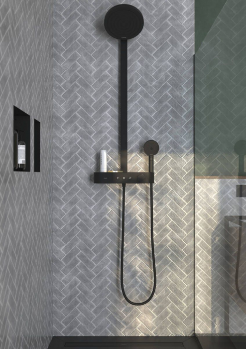 Set de dus cu baterie termostatata, palarie 26 cm, 3 jeturi, negru mat, Hansgrohe Pulsify S [4]
