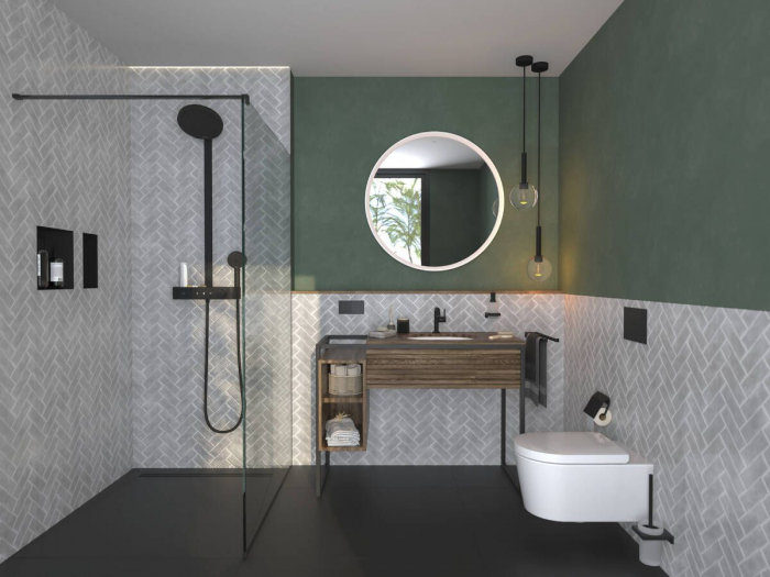 Set de dus cu baterie termostatata, palarie 26 cm, 3 jeturi, negru mat, Hansgrohe Pulsify S [2]