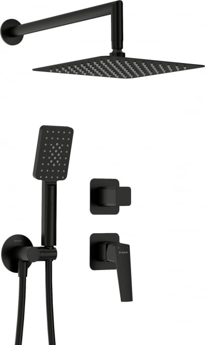 Set de dus incastrat, cu palarie, para de dus si baterie, negru, Deante Blur