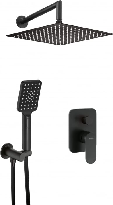 Set de dus incastrat, cu palarie, para de dus si baterie, negru, Deante Arnika