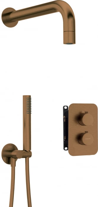 Set de dus incastrat, cu palarie, para de dus si baterie cu termostat, bronz, Deante Box