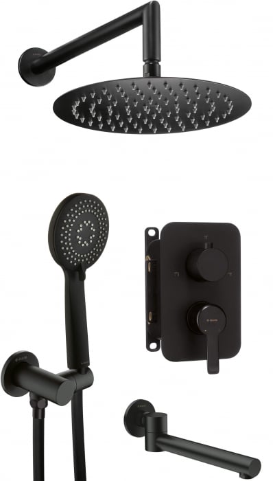 Set de dus incastrat, cu palarie, para de dus, duza cada si baterie, negru, Deante Arnika