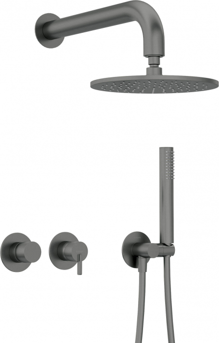 Set de dus incastrat, cu palarie, para de dus si baterie orizontala, titan, Deante Silia