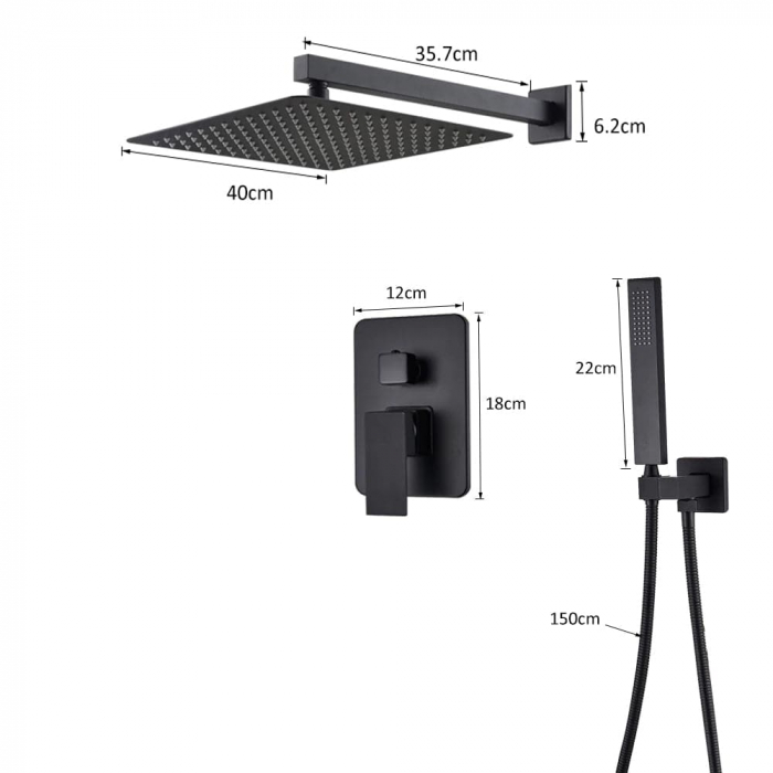 Set de dus negru mat cu para patrata de 40 cm, 2 functii de curgere a apei [6]