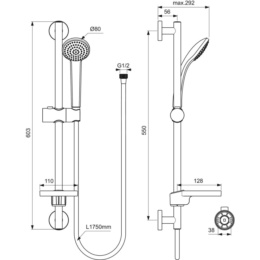 Set de dus Ideal Standard Idealrain Soft cu bara 60 cm, para dus o functie si furtun, crom lucios [2]