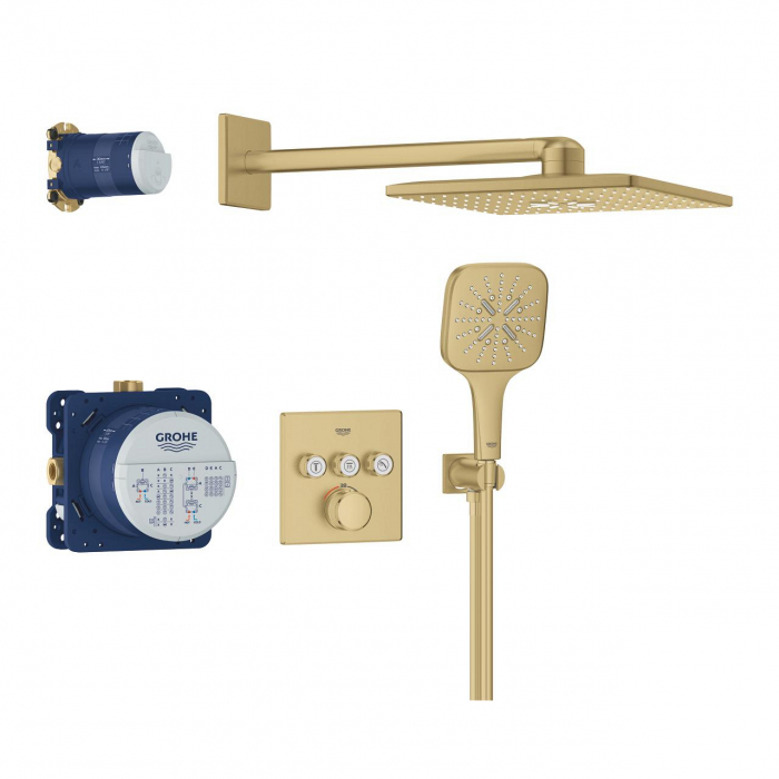 Set de dus incastrat cu baterie termostatata, auriu periat, Grohe Grohtherm SmartControl Rainshower SmartActive 310 Cube