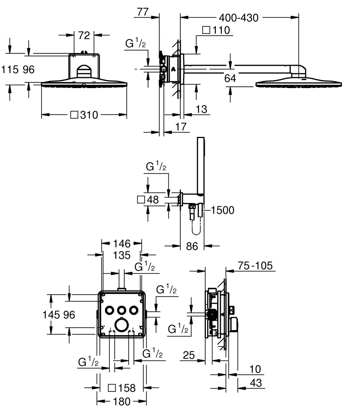 Set de dus incastrat cu baterie termostatata Grohe Grohtherm SmartControl Rainshower SmartActive 310 Cube [3]