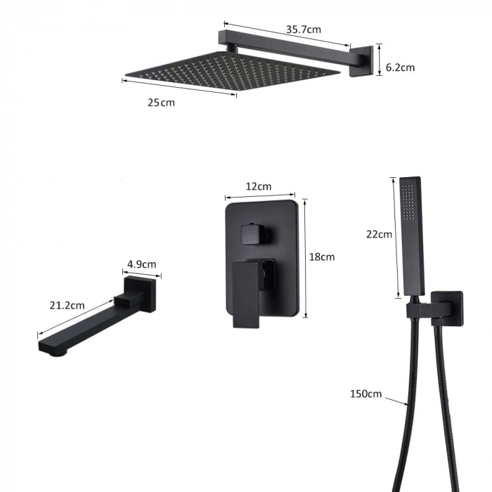 Set dus negru mat cu para patrata 25 cm, 3 functii de curgere a apei [4]