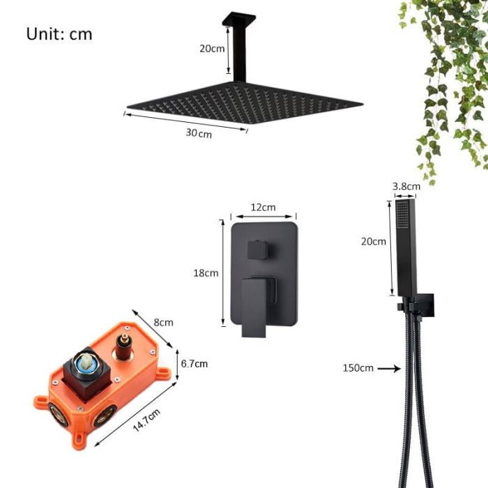 Set dus negru incastrabil, cu para patrata 30 cm, 2 functii de curgere a apei [7]