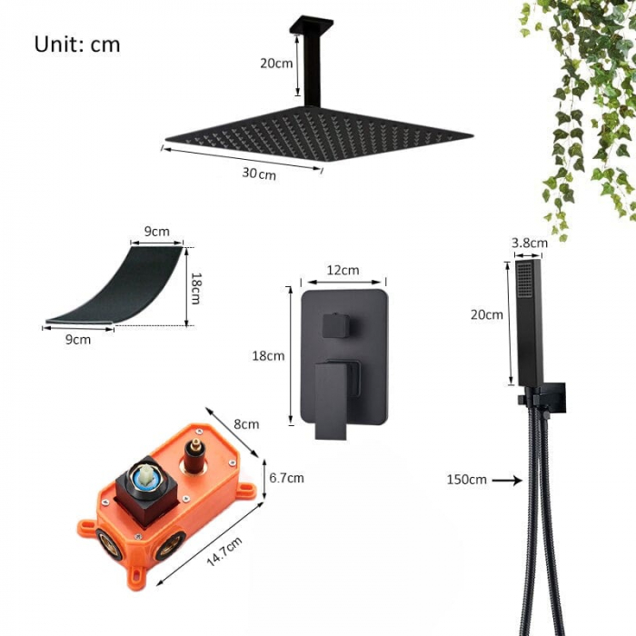 Set dus incastrat in tavan, negru mat, cu para patrata 30 cm si 3 functii de curgere a apei [10]