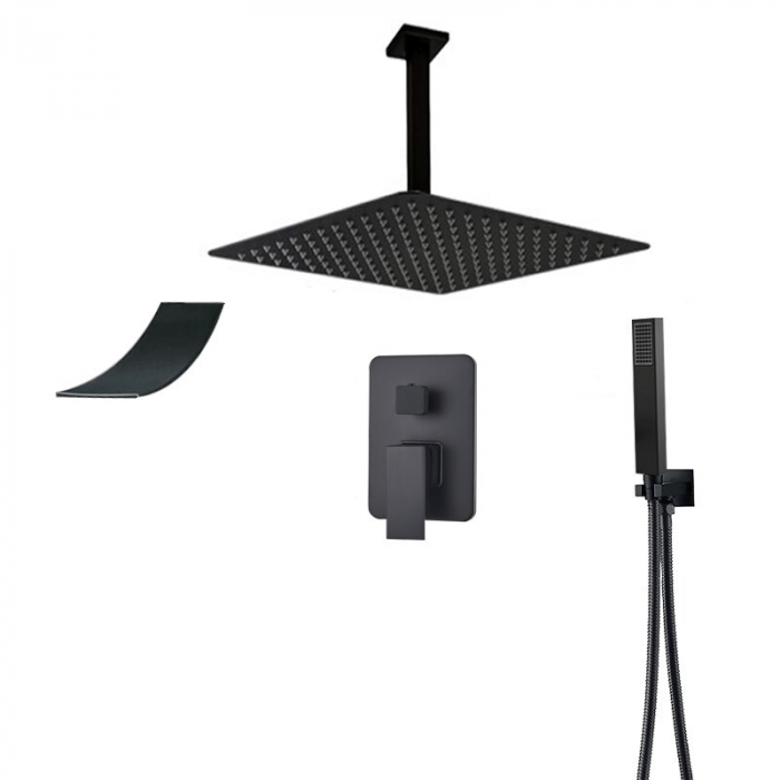 Set dus incastrat in tavan, negru mat, cu para patrata 30 cm si 3 functii de curgere a apei [2]