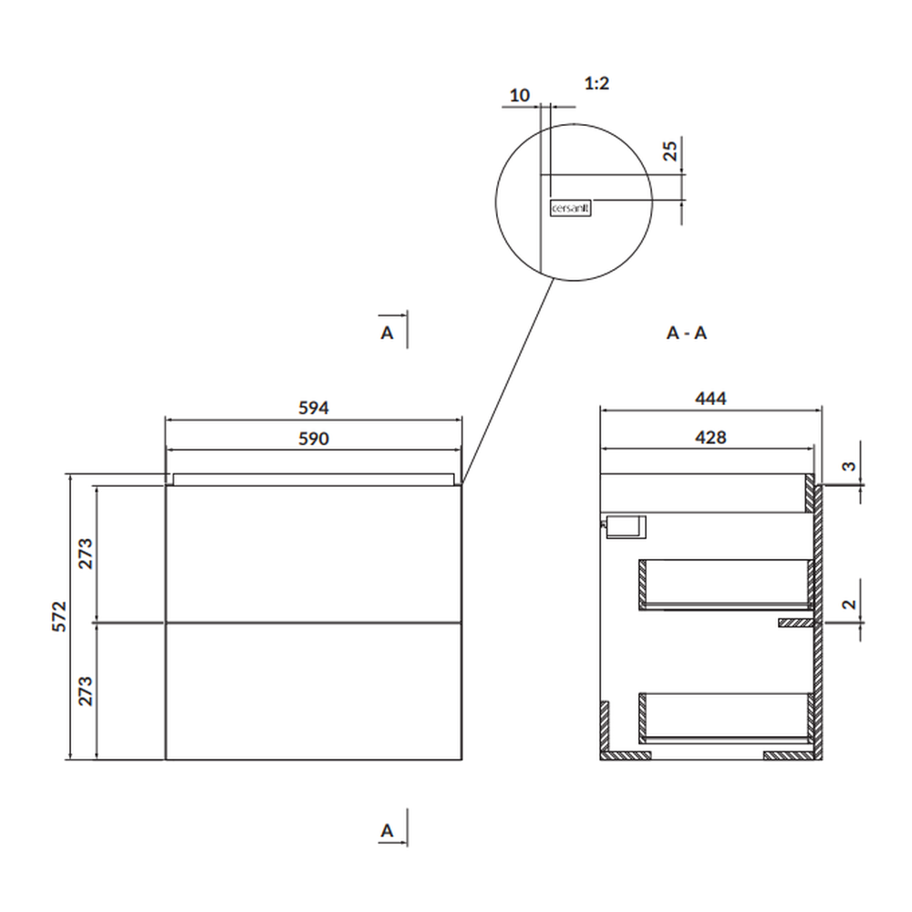 Set dulap baie suspendat Cersanit Larga 2 sertare cu lavoar inclus, 60 cm, alb [2]