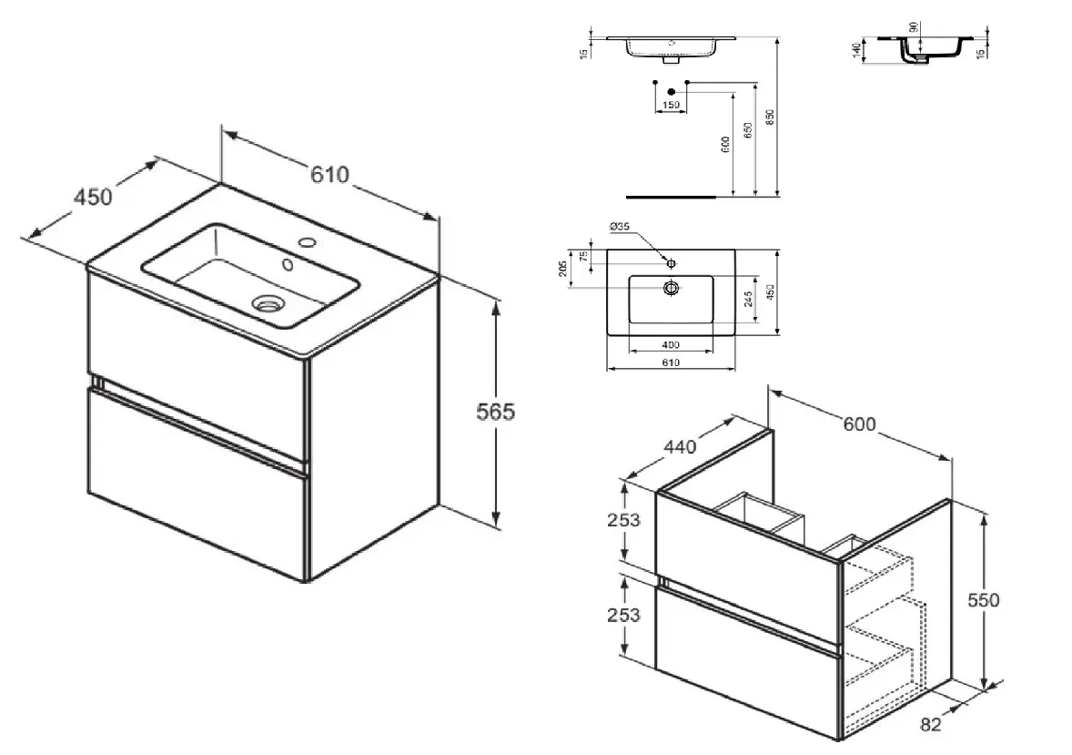 Set dulap baie suspendat cu lavoar inclus 60x45 cm, 2 sertare, alb lucios, Ideal Standard Eurovit [2]