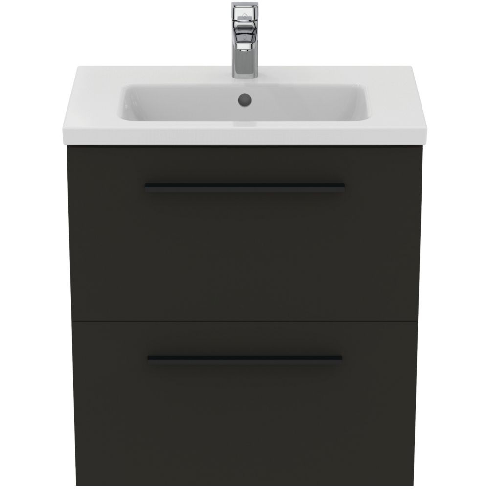 Set dulap baie suspendat gri carbon Ideal Standard i.Life S cu lavoar inclus 61 cm alb si maner negru [2]