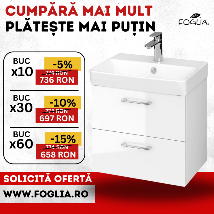 Set dulap baie suspendat Lara 2 sertare cu lavoar Cersanit Mille Slim inclus, 50 cm, Alb