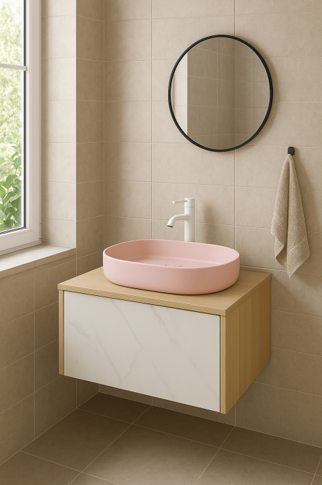 Set dulap baie suspendat placat cu ceramica CALACATTA 100 cm cu lavoar roz inclus Adelais Foglia [2]