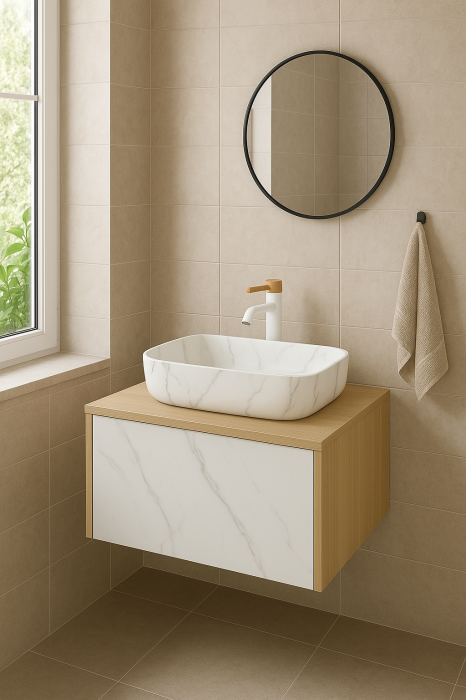 Set dulap baie suspendat placat cu ceramica CALACATTA 80 cm cu lavoar inclus Dione Foglia [2]
