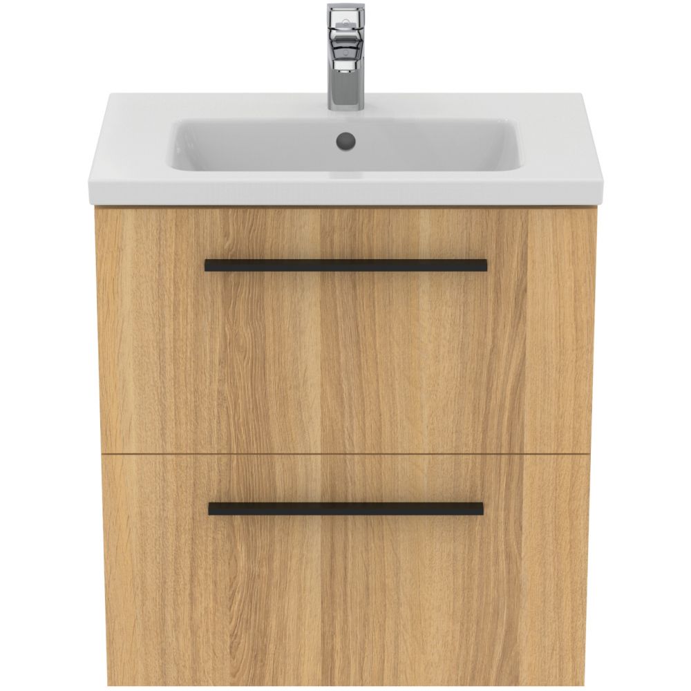 Set dulap baie suspendat stejar natural Ideal Standard i.Life S cu lavoar inclus 61 cm alb si maner negru [2]