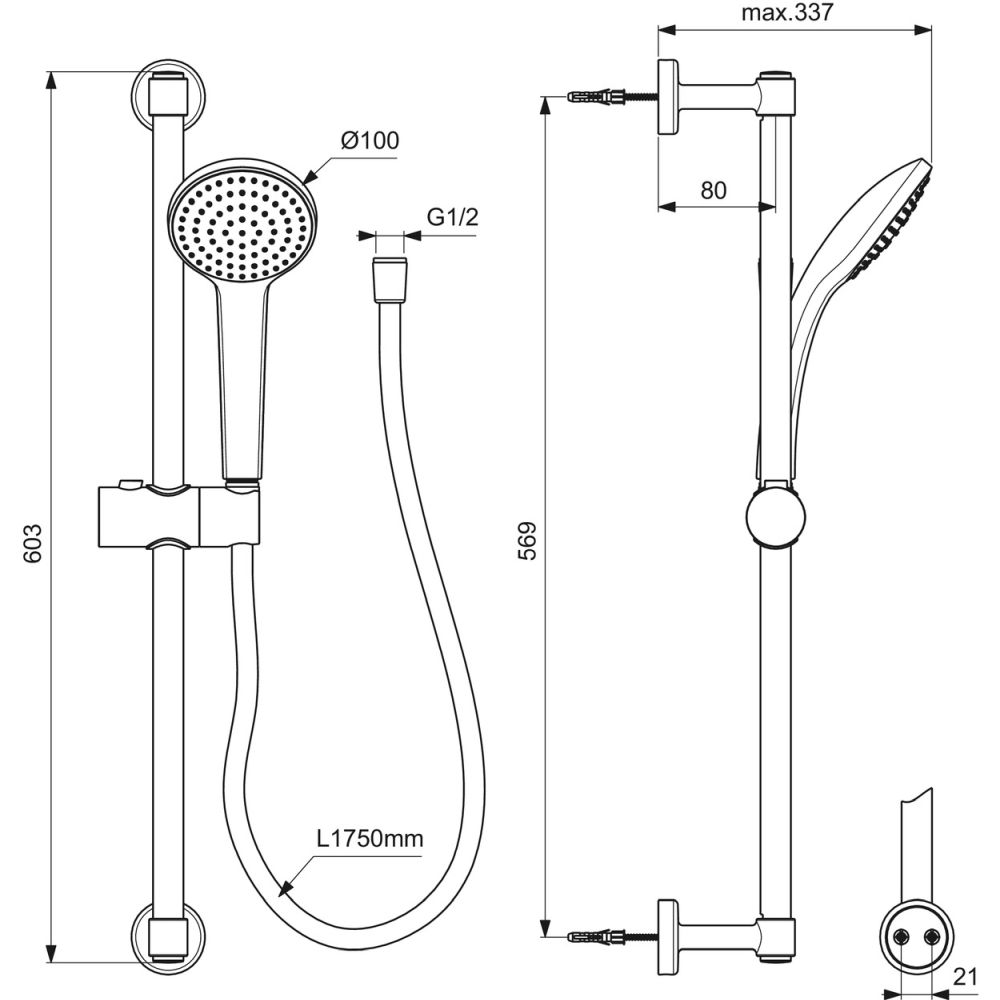 Set de dus Ideal Standard IdealRain Soft cu bara 60 cm, para dus o functie si furtun, negru mat [2]