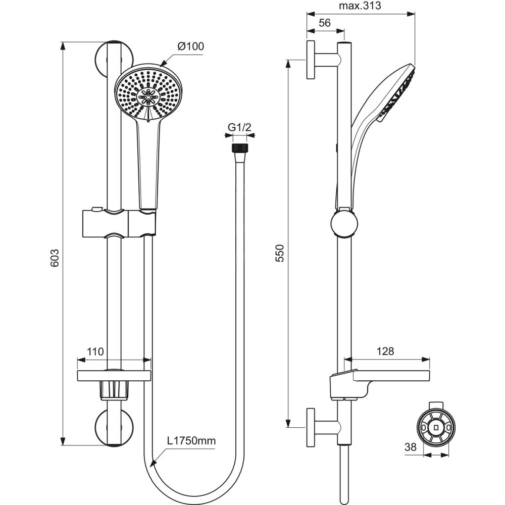 Set de dus Ideal Standard Idealrain Soft cu bara 60 cm, para dus 3 functii si furtun, crom lucios [3]