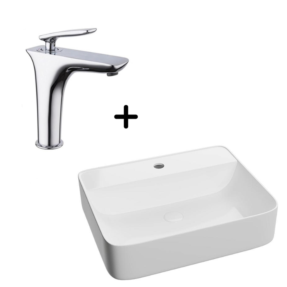 Set lavoar baie alb lucios cu ventil inclus plus baterie crom Infinity Foglia [1]