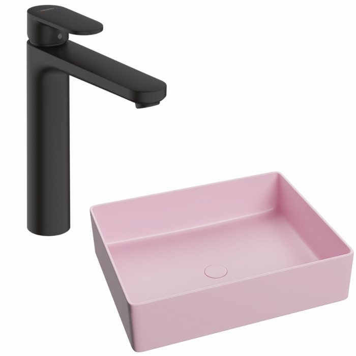 Set lavoar baie dreptunghiular pe blat, roz mat, Foglia Color, plus baterie inalta, negru mat, Hansgrohe Vernis Blend