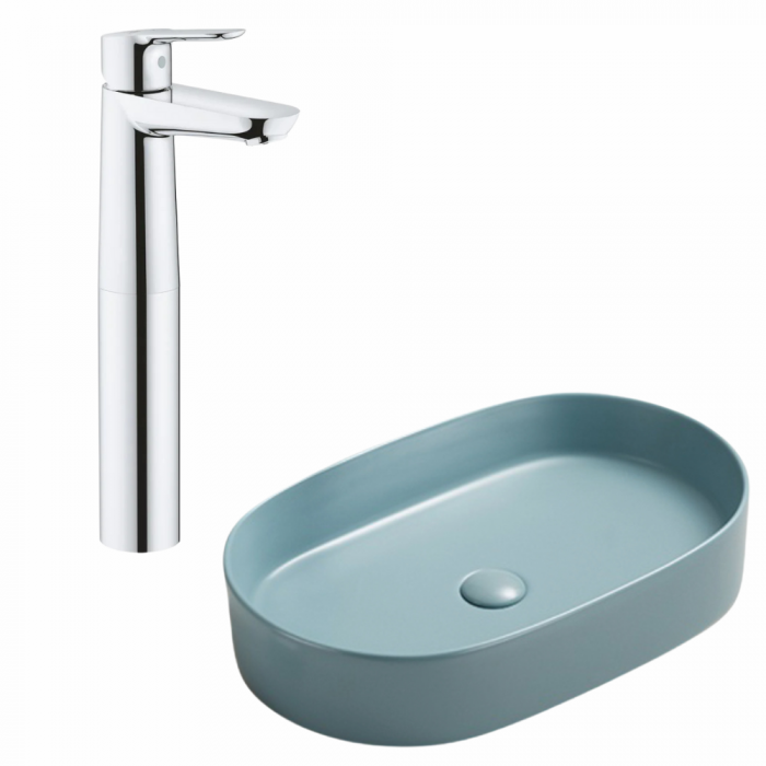 Set lavoar baie verde turcoaz mat montaj pe blat, Adelais Foglia, plus baterie lavoar crom, Grohe BauEdge