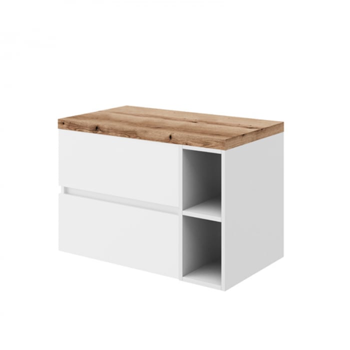 Set mobilier alb pentru lavoar pe blat, Genova 80 cm, cu blat stejar