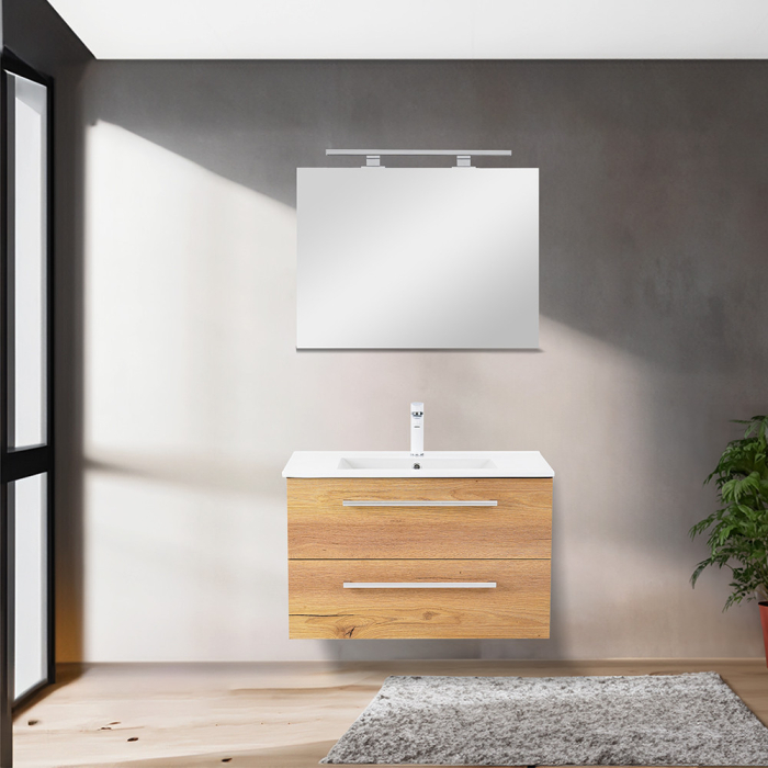 Set mobilier baie antracit-stejar cu lavoar ceramic 80 cm si oglinda 60x80 cm, Leziter Vario Clam