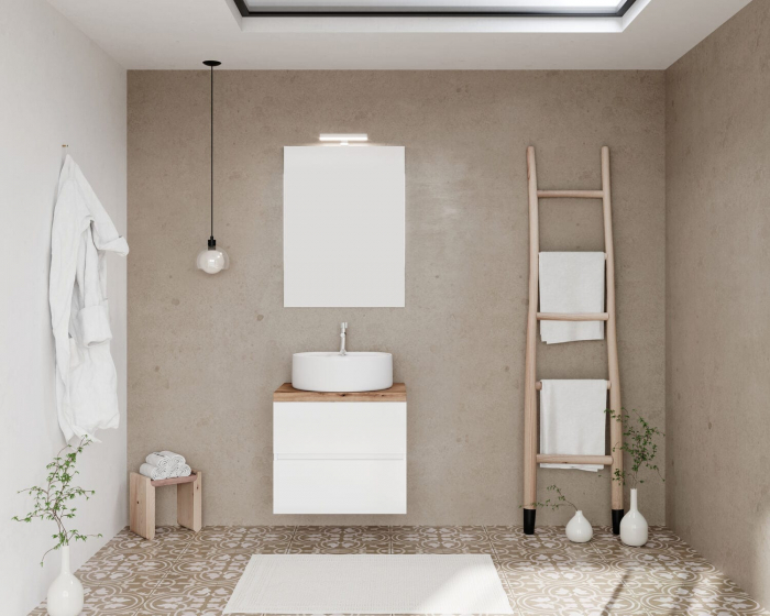 Set mobilier baie cu blat 60 cm imitatie lemn si oglinda cu LED si lampa, SaviniDue [2]