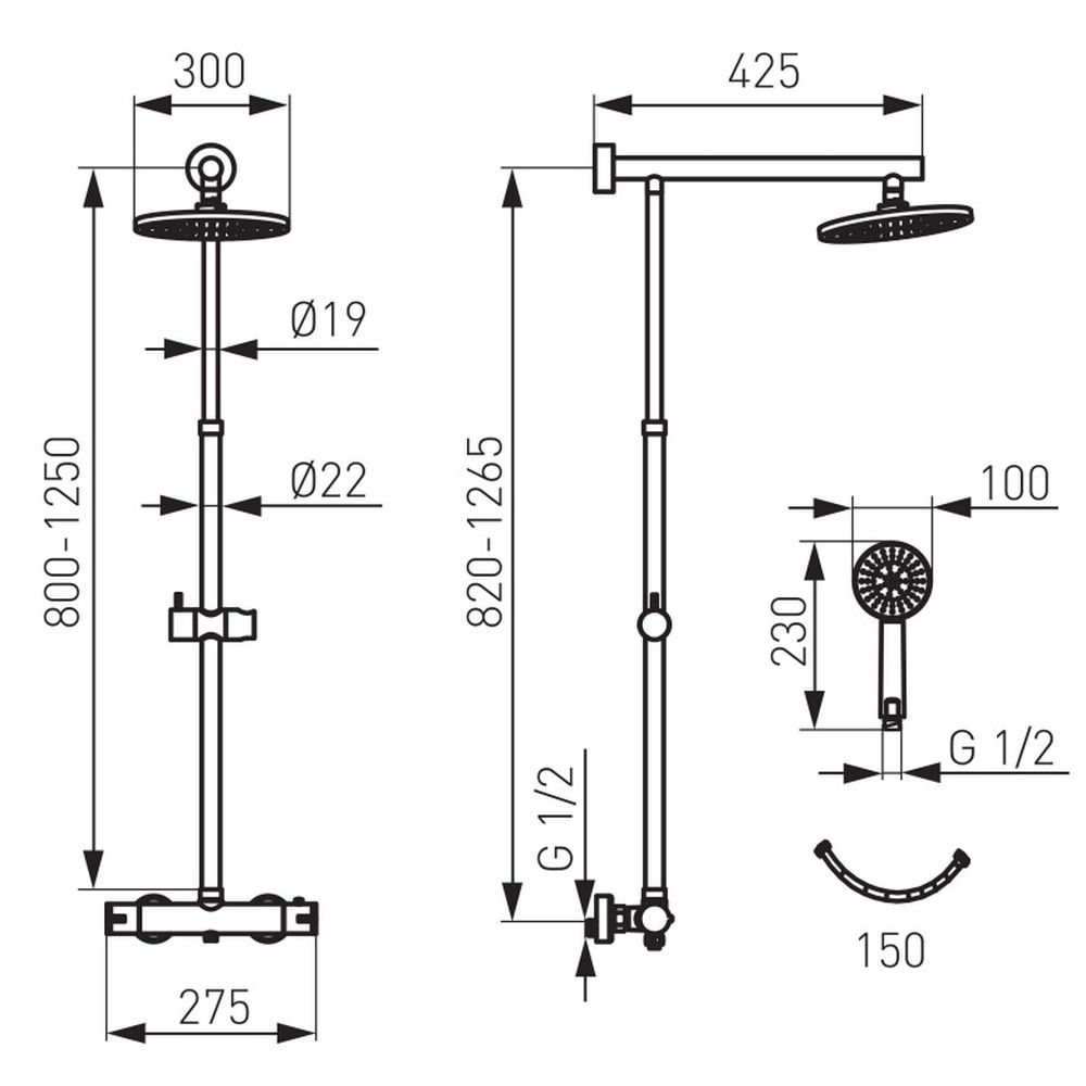Set paravan dus walk-in 120x195 cm, rigola si coloana de dus cu baterie termostatata negru mat Anima [3]