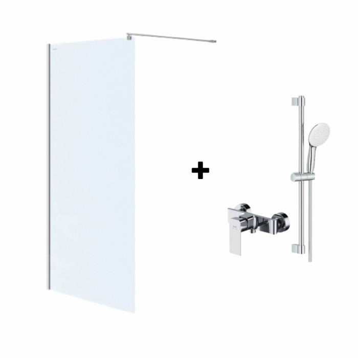 Set paravan dus walk-in 100x200 cm Cersanit Mille, profil crom, cu bara, para dus si furtun, Grohe New Tempesta 110 si baterie dus Cersanit Suaro