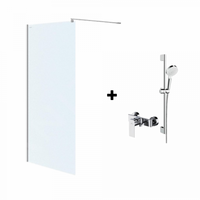 Set paravan dus walk-in 100x200 cm Cersanit Mille, profil crom, cu  bara, para dus si furtun, Hansgrohe si baterie dus, culoare crom, Cersanit Suaro