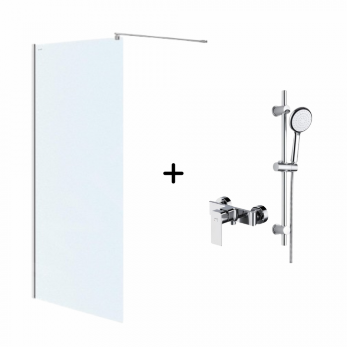 Set paravan dus walk-in 100x200 cm Cersanit Mille, profil crom, cu baterie dus, bara, furtun si para dus cu 6 functii