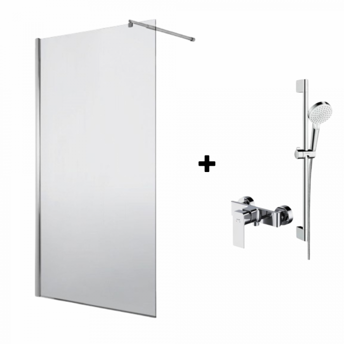 Set paravan dus walk-in 90x200 cm crom Deante Abelia, bara, para dus si furtun Hansgrohe si baterie dus Cersanit Suaro