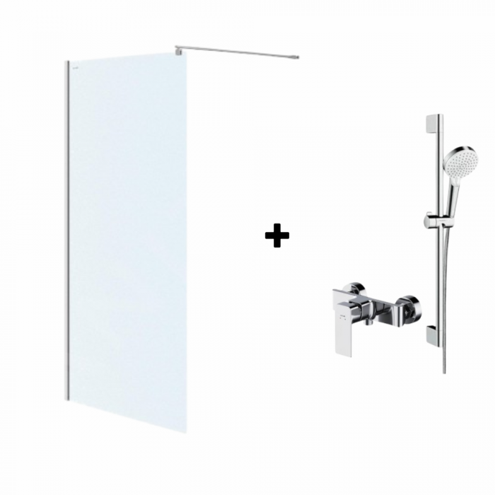 Set paravan dus walk-in 90x200 cm, crom lucios, Mediterraneo Foxy, bara, para dus, furtun, Hansgrohe si baterie dus Cersanit Suaro