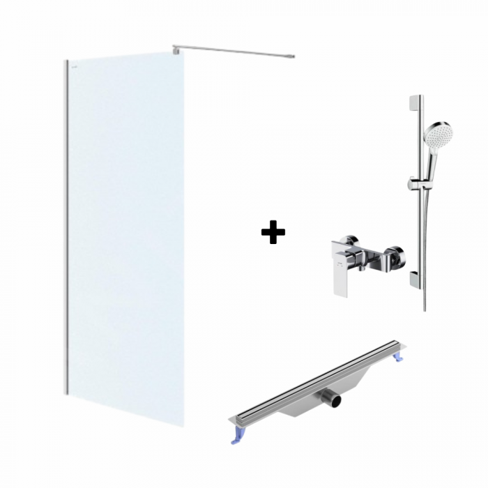 Set paravan dus walk-in 90x200 cm, Mediterraneo Foxy, rigola iesire laterala, 700 mm, baterie dus Cersanit Suaro si set de dus Hansgrohe