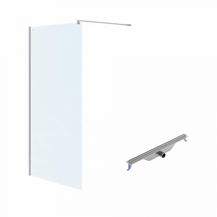 Set paravan dus walk-in 100x200 cm, profil crom, Cersanit Mille, cu rigola cu capac crom, iesire laterala, 700 mm, Cersanit Tako Slim