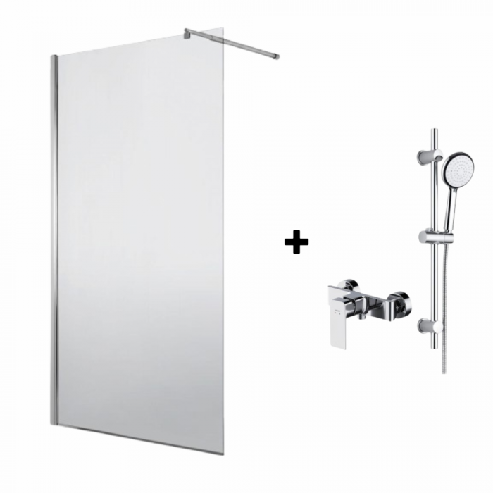 Set paravan dus walk-in 90x200 cm sticla securizata crom Deante Abelia, cu bara, furtun, para dus cu 6 functii Deante Boro si baterie dus, Cersanit Suaro